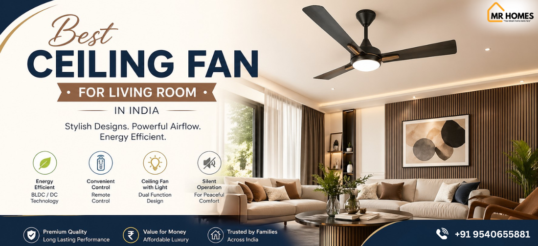 Modern ceiling fan in a living room for comfortable home airflow