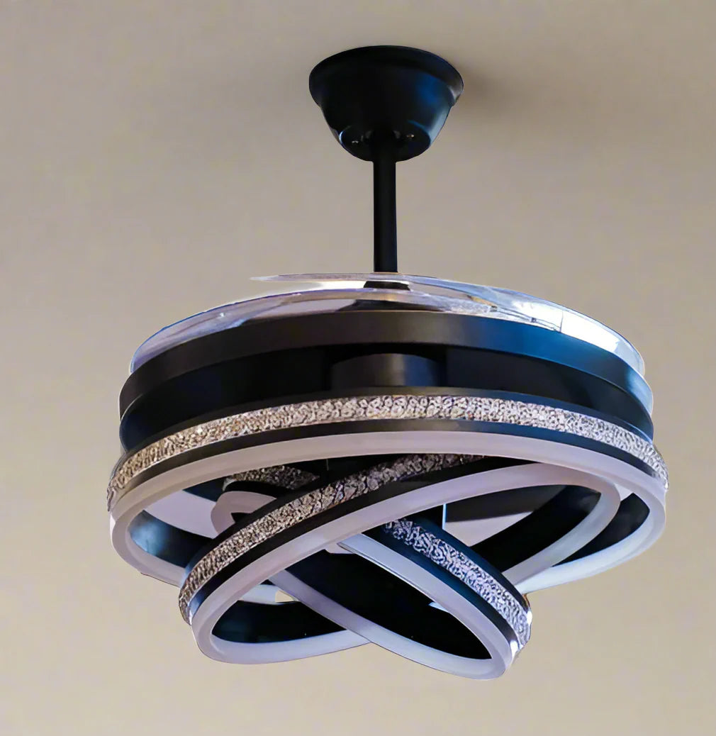 MR Homes Lite Sparrow remote-controlled ceiling fan with 4 blades, featuring forward and reverse rotation, in a modern living room.