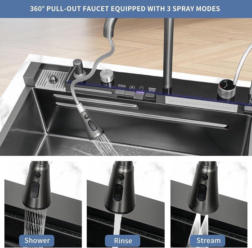 Piano Waterfall Kitchen Sink with 304 Grade Stainless Steel sink (30X18X10 inch) - MR Homes