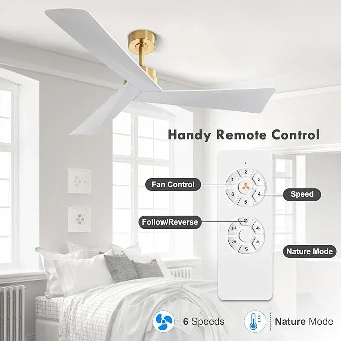 Tern DC Ceiling Fan Without Lights, Brass and White Ceiling Fan with Remote - MR Homes