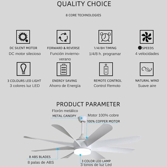 Flamingo Modern Design Indoor Fancy 8 Blade Remote Control LED Ceiling Fan Light - MR Homes