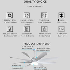 Flamingo Modern Design Indoor Fancy 8 Blade Remote Control LED Ceiling Fan Light - MR Homes