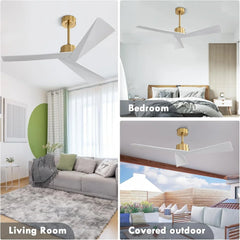 Tern DC Ceiling Fan Without Lights, Brass and White Ceiling Fan with Remote - MR Homes