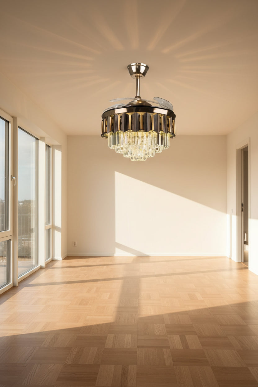 Luxury bedroom featuring Goldfinch Gilded Grace Chandelier Ceiling Fan with LED light and energy-saving BLDC Motor