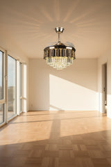 Luxury bedroom featuring Goldfinch Gilded Grace Chandelier Ceiling Fan with LED light and energy-saving BLDC Motor