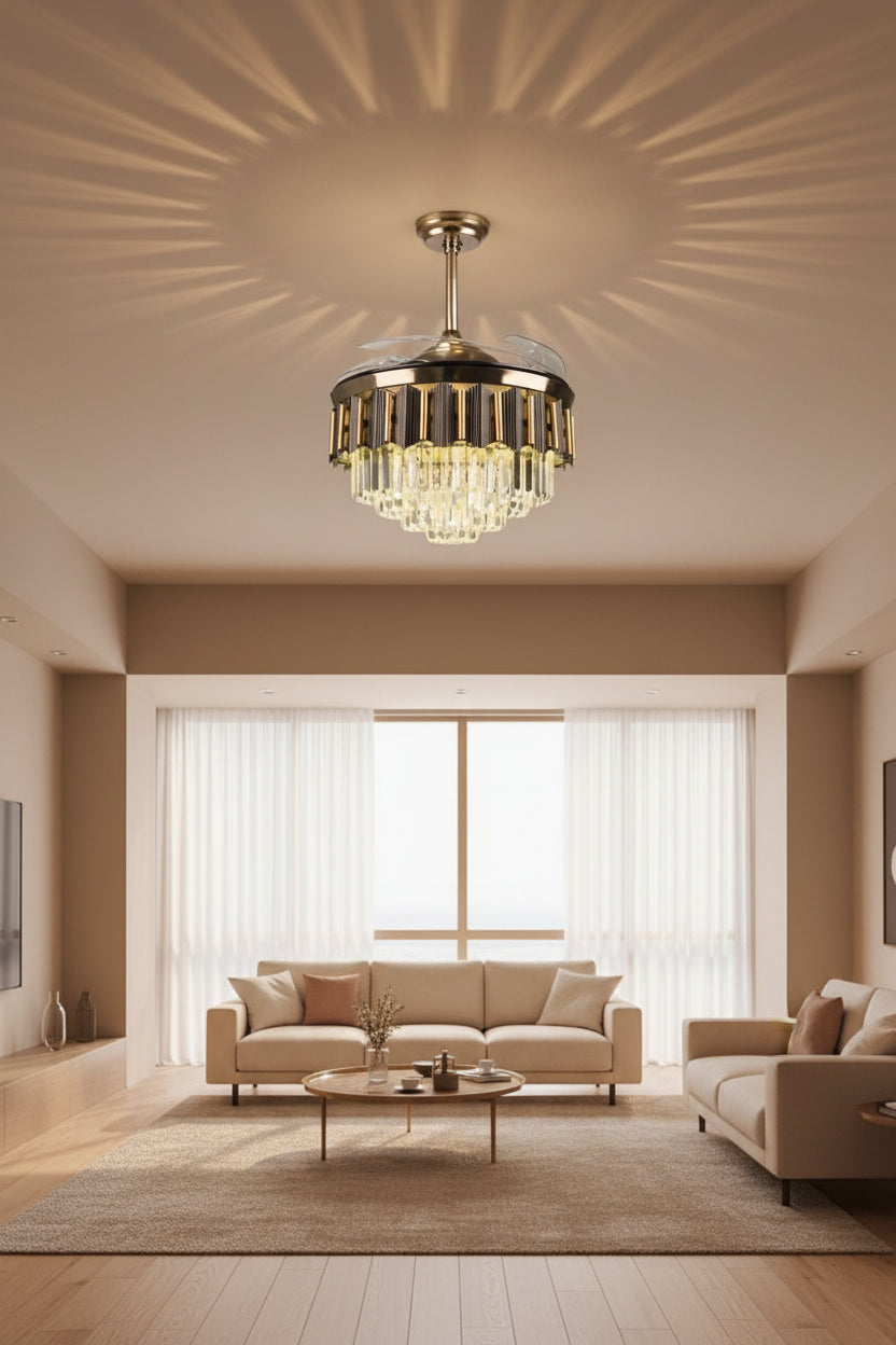 Front view of goldfinch Gilded Grace designer chandelier ceiling fan with crystal LED light and hidden retractable Blades