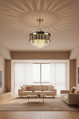 Front view of goldfinch Gilded Grace designer chandelier ceiling fan with crystal LED light and hidden retractable Blades