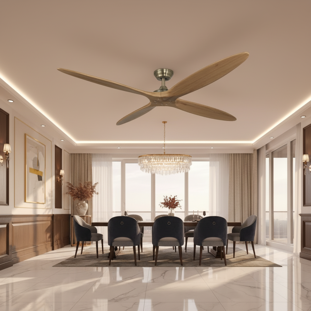 Modern Falcon Desinger ceiling fan with light woodgrain finish and 4 solid woood blades installed in a contemporary kitchen and dining area