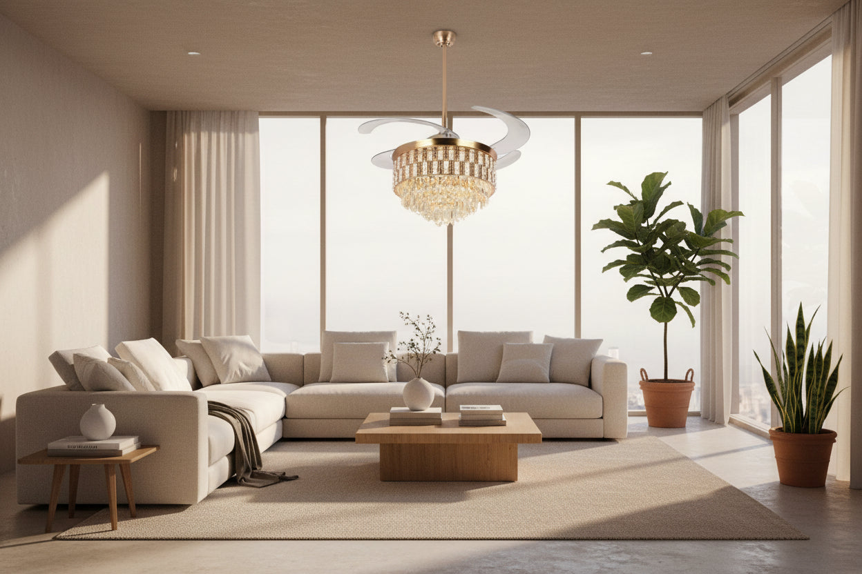 Golden Pheasant 42-inch BLDC retractable ceiling fan with crystal chandelier, 6 speed remote control, 5473 cfm airflow and reversible operation.
