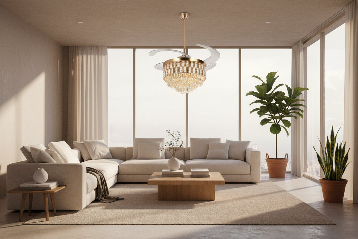 Golden Pheasant 42-inch BLDC retractable ceiling fan with crystal chandelier, 6 speed remote control, 5473 cfm airflow and reversible operation.