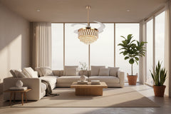 Golden Pheasant 42-inch BLDC retractable ceiling fan with crystal chandelier, 6 speed remote control, 5473 cfm airflow and reversible operation.