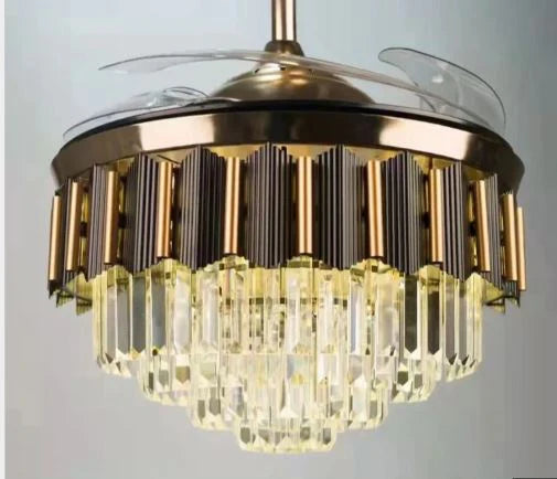 Goldfinch Gilded Grace 42-inch luxury chandelier ceiling fan with retractable transparent blades, crystal led light, BLDC motor and remote control in golden finish