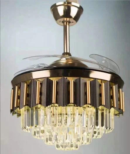 Side angle of Goldfinch gilded Grace golden chandelier ceiling fan with transparent retractable blades and premium crystal lighting