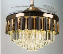 Goldfinch Gilded Grace 42-inch luxury chandelier ceiling fan with retractable transparent blades, crystal led light, BLDC motor and remote control in golden finish