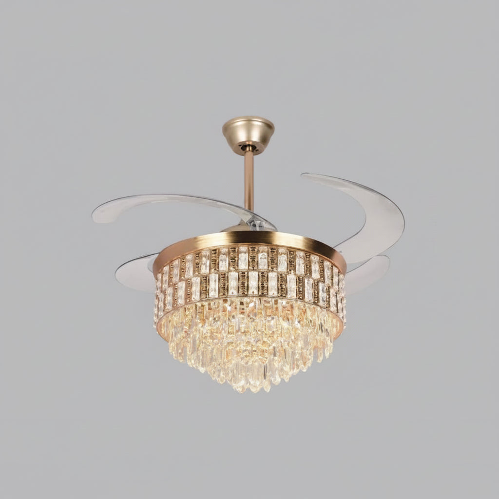 Luxury Golden Pheasant crystal chandelier ceiling fan with retractable blades and LED light installed in modern living room