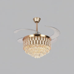 Luxury Golden Pheasant crystal chandelier ceiling fan with retractable blades and LED light installed in modern living room