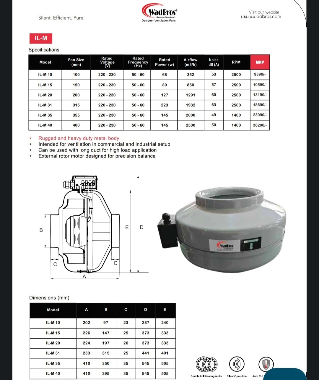 WadBros IL-M inline duct fan specifications, airflow, power and dimensions