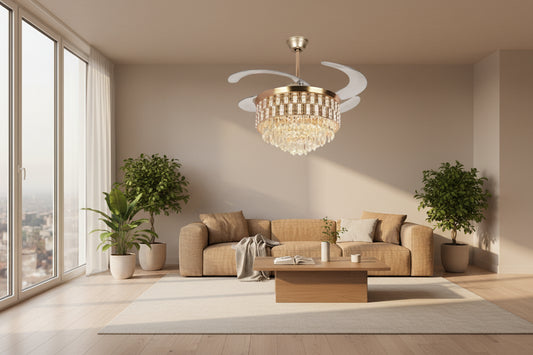 Golden Pheasant 42-inch retractable designer ceiling fan with crystal chandelier, gold finish, BLDC motor, Remote control and LED Light