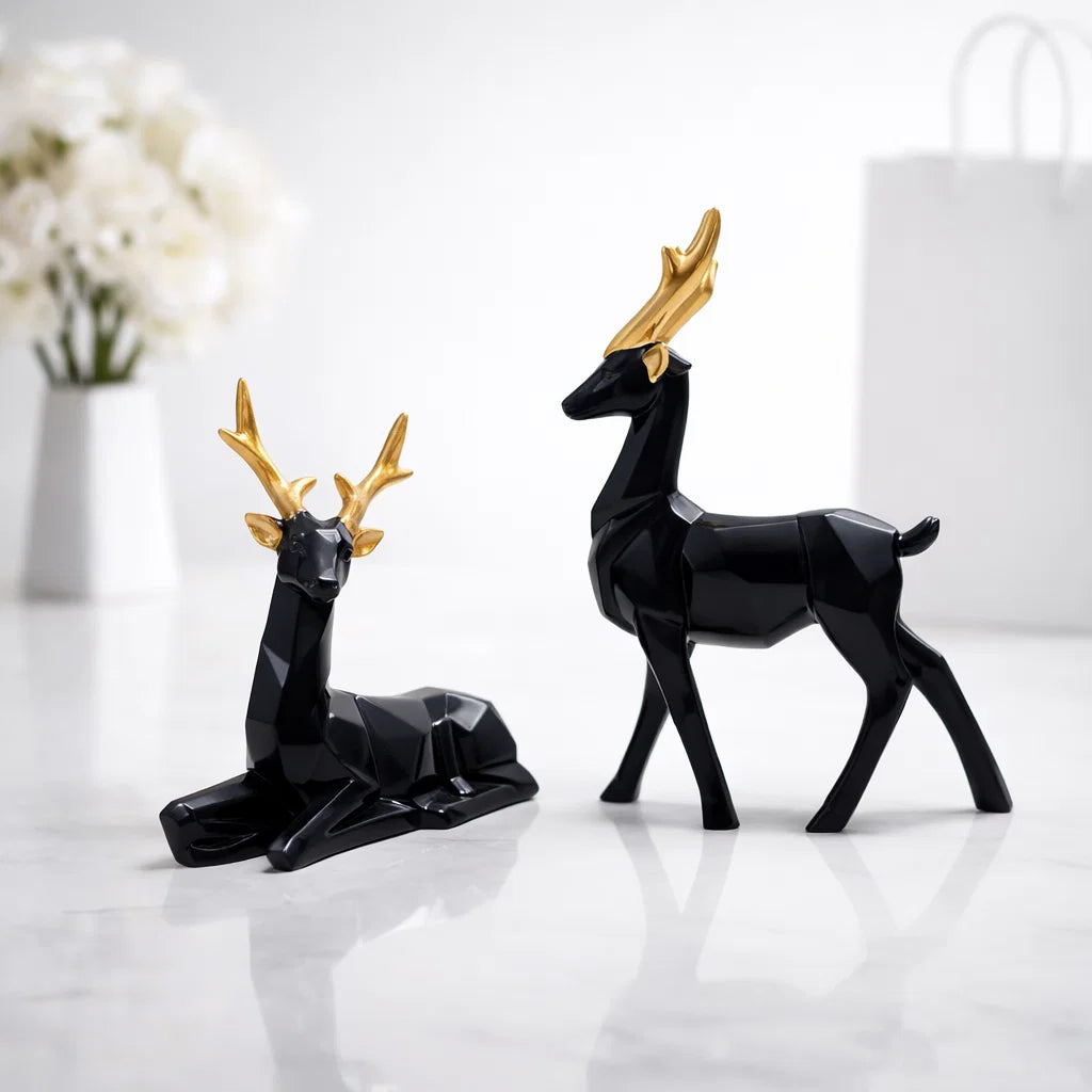 Elegant Deer Showpiece Pair – Black & Gold Home Decor