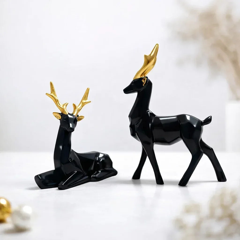 Elegant Deer Showpiece Pair – Black & Gold Home Decor - MR Homes
