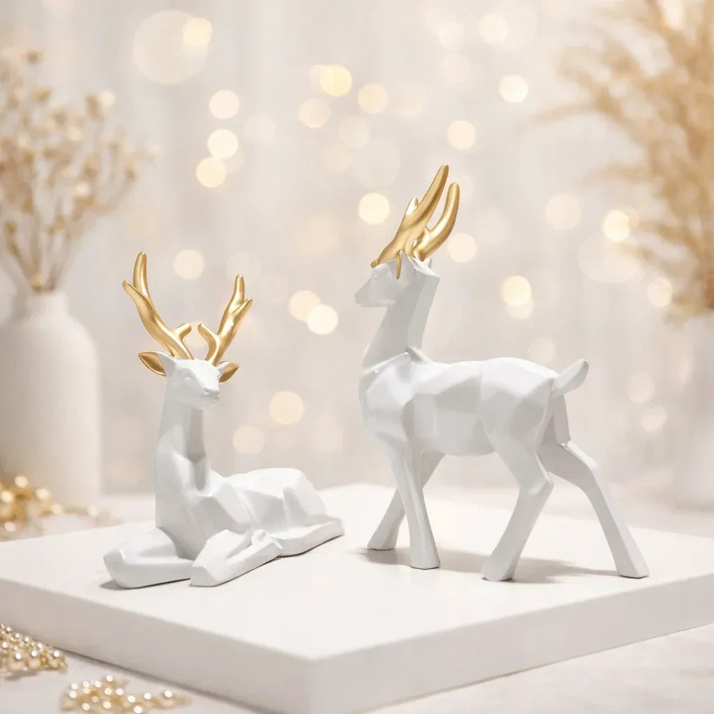 Elegant Deer Showpiece Pair – White & Gold Home Decor - MR Homes